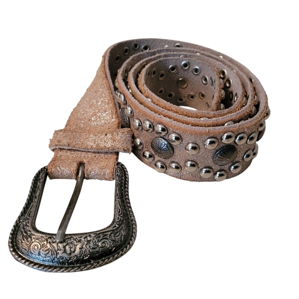 Wmns M/L Metallic Gold Shimmer Tan Suede Leather Silver Studded Western Belt